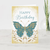 Elegant Teal Butterfly Botanical Happy Birthday カード (正面)