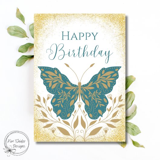 Elegant Teal Butterfly Botanical Happy Birthday カード