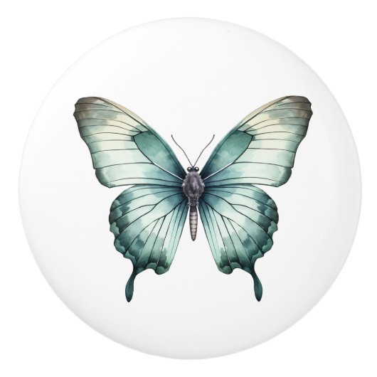 Elegant Teal Butterfly Turquoise Blue Drawer Knob セラミックノブ (正面)