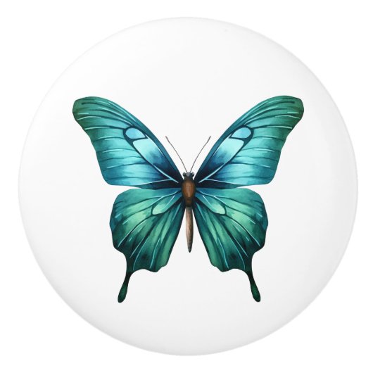 Elegant Teal Butterfly Turquoise Blue Drawer Knob セラミックノブ (正面)