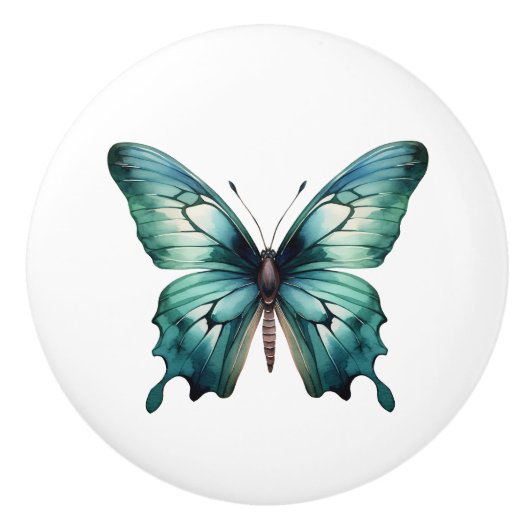Elegant Teal Butterfly Turquoise Blue Drawer Knob セラミックノブ (正面)