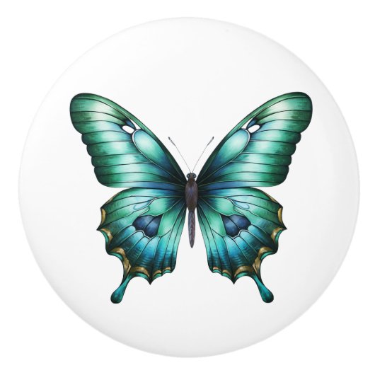 Elegant Teal Butterfly Turquoise Blue Drawer Knob セラミックノブ (正面)