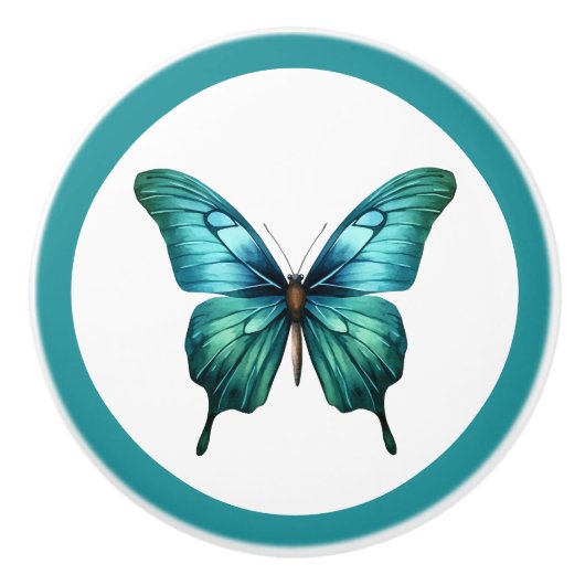 Elegant Teal Butterfly Turquoise Blue Drawer Knob セラミックノブ (正面)
