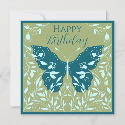 Elegant Teal Butterfly With Vines Happy Birthday   ノートカード (正面)