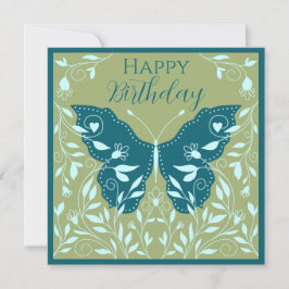 Elegant Teal Butterfly With Vines Happy Birthday ノートカード