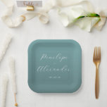 Elegant Teal Calligraphy ペーパープレート<br><div class="desc">This wedding plate features a minimalist and elegant design with a calming teal background, creating a sophisticated atmosphere. The layout is centered, showcasing customizable names in a flowing cursive script and a date in a simple sans-serif font, emphasizing clarity and balance. With its modern aesthetic and clean lines, the design...</div>