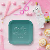 Elegant Teal Calligraphy ペーパープレート (パーティー)