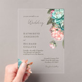 Elegant Teal & Coral Peonies Wedding アクリル招待状 (インサイチュ (ポータブル))