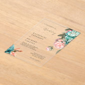 Elegant Teal & Coral Peonies Wedding アクリル招待状 (レイダウン)