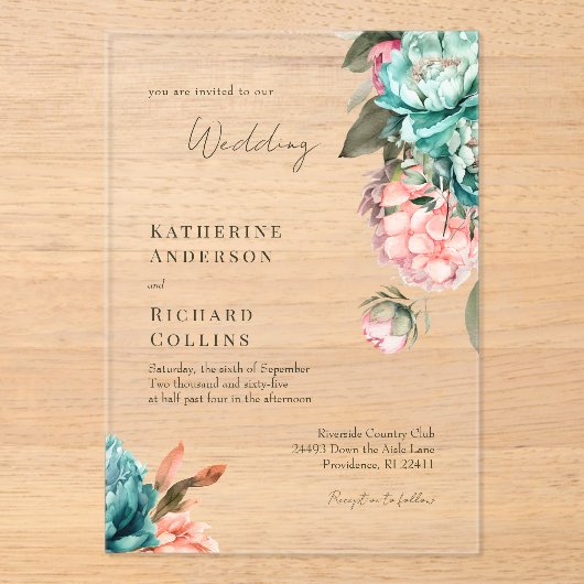 Elegant Teal & Coral Peonies Wedding アクリル招待状 (正面)