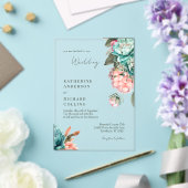 Elegant Teal & Coral Peonies Wedding アクリル招待状 (インサイチュ (ウェディング))