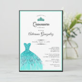 Elegant teal dress 15th birthday Quinceanera 招待状 (スタンド正面)