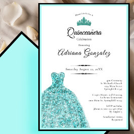 Elegant teal dress 15th birthday Quinceanera 招待状