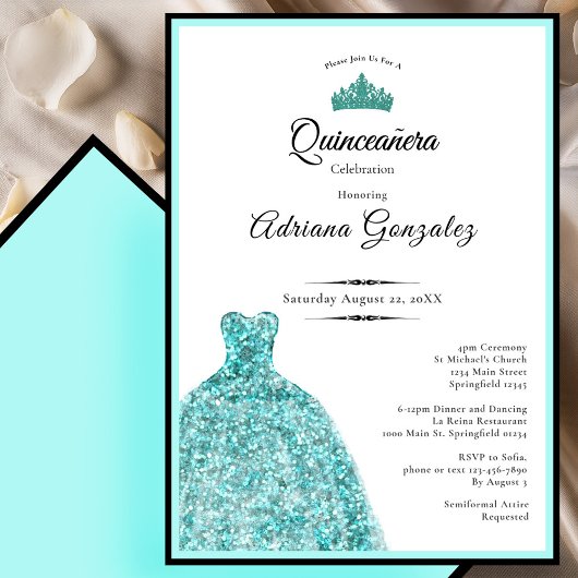 Elegant teal dress 15th birthday Quinceanera 招待状