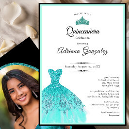 Elegant teal dress 15th birthday Quinceanera 招待状