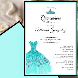 Elegant teal dress 15th birthday Quinceanera 招待状