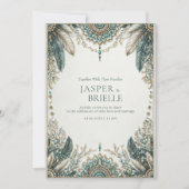Elegant Teal Feather Ornate Filigree Wedding 招待状 (正面)