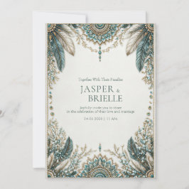 Elegant Teal Feather Ornate Filigree Wedding 招待状