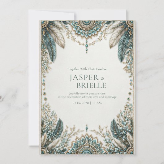 Elegant Teal Feather Ornate Filigree Wedding 招待状 (正面)