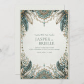 Elegant Teal Feather Ornate Filigree Wedding 招待状 (正面/裏面)