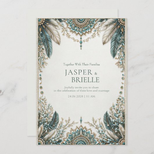 Elegant Teal Feather Ornate Filigree Wedding 招待状 (正面/裏面)