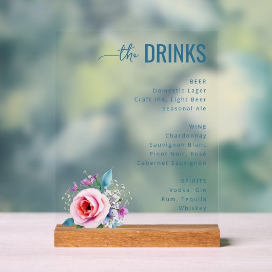 Elegant Teal Floral Beverage Menu アクリルサイン (ニュートラル)