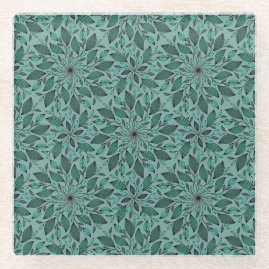 Elegant Teal Floral Pattern with Leaf Mandala  ガラスコースター (正面)
