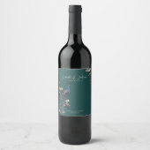 Elegant Teal Floral Peacock Wedding Wine Labels ワインラベル (正面)