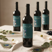 Elegant Teal Floral Peacock Wedding Wine Labels ワインラベル