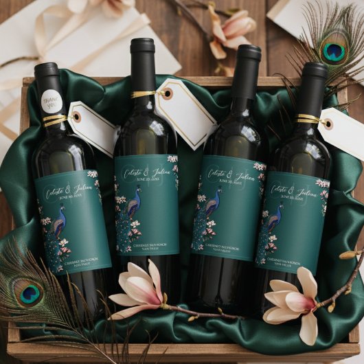 Elegant Teal Floral Peacock Wedding Wine Labels ワインラベル