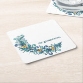 Elegant Teal Floral Watercolor Botanical Wreath スクエアペーパーコースター (アングル)