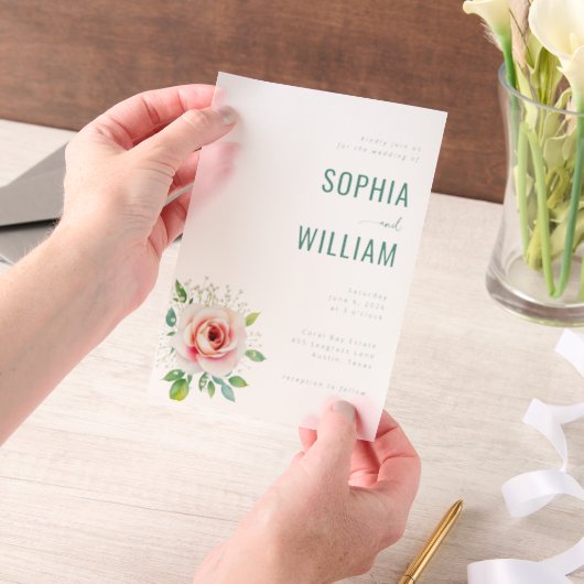 Elegant Teal Floral Wedding Invitation ベラム紙招待状 (ポータブル)