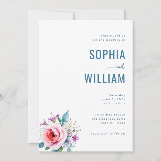 Elegant Teal Floral Wedding Invitation 招待状 (正面)