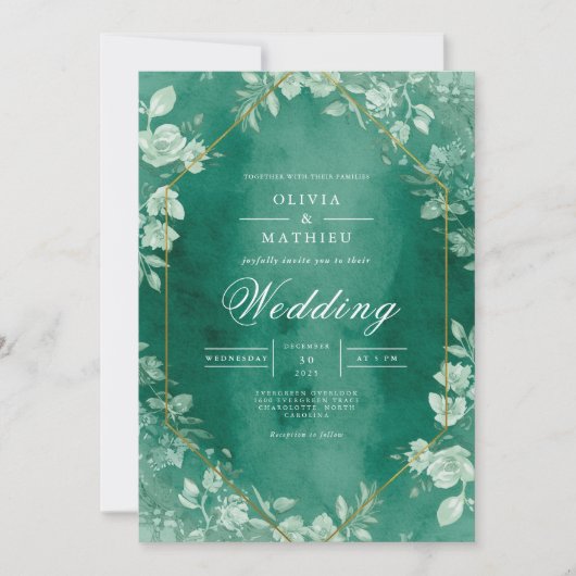 Elegant Teal Floral Wreath Wedding 招待状 (正面)