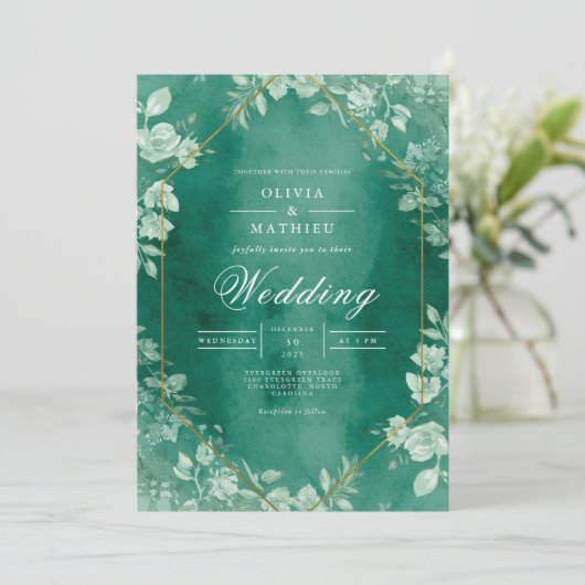 Elegant Teal Floral Wreath Wedding 招待状 (スタンド正面)
