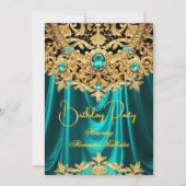 Elegant Teal Gems Gold Lace Damask Birthday Party 招待状 (正面)