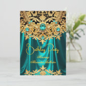 Elegant Teal Gems Gold Lace Damask Birthday Party 招待状 (スタンド正面)