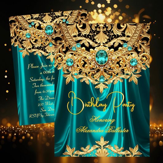 Elegant Teal Gems Gold Lace Damask Birthday Party 招待状