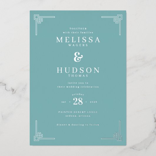 Elegant Teal Geometric Wedding Invitation 箔招待状 (正面)