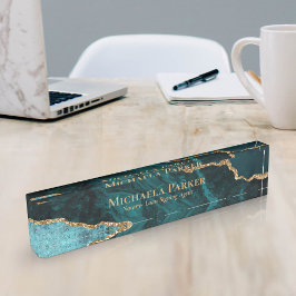 Elegant Teal Gold Agate Geode Professional  デスクネームプレート