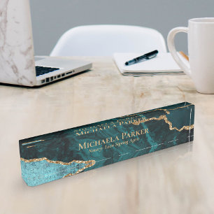 Elegant Teal Gold Agate Geode Professional  デスクネームプレート