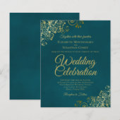 Elegant Teal & Gold BUDGET Wedding Invitation (正面/裏面)