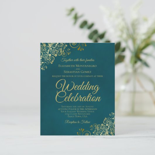 Elegant Teal & Gold BUDGET Wedding Invitation (スタンド正面)