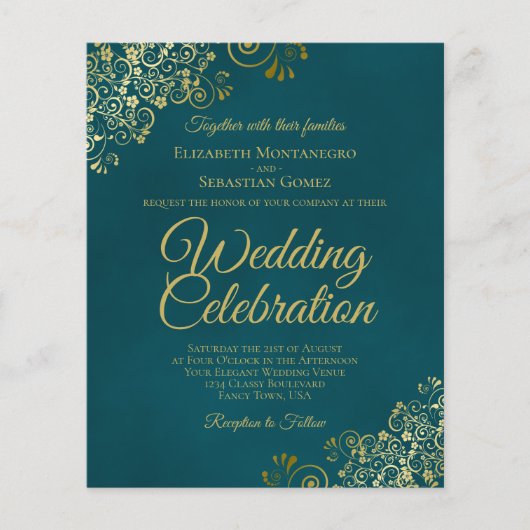 Elegant Teal & Gold BUDGET Wedding Invitation (正面)