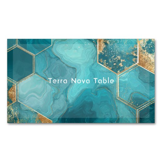 Elegant Teal Gold Hexagon Geometric Liquid Marble マグネット名刺 (正面)