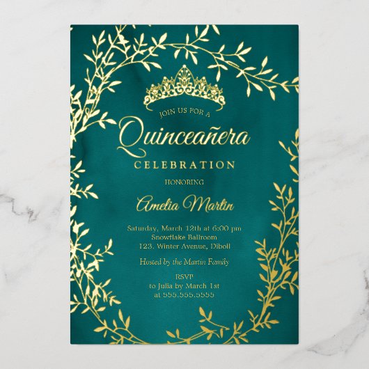 Elegant Teal Gold Leaf Wreath Quinceanera 箔招待状 (正面)