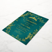 Elegant Teal Gold Leaf Wreath Quinceanera 箔招待状 (回転した状態)