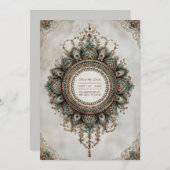 Elegant Teal Gold Peacock Mandala Boho Wedding 招待状 (正面/裏面)