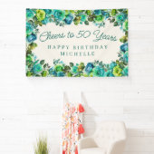 Elegant Teal Green Floral Cheers to 50 Birthday 横断幕 (インサイチュ)