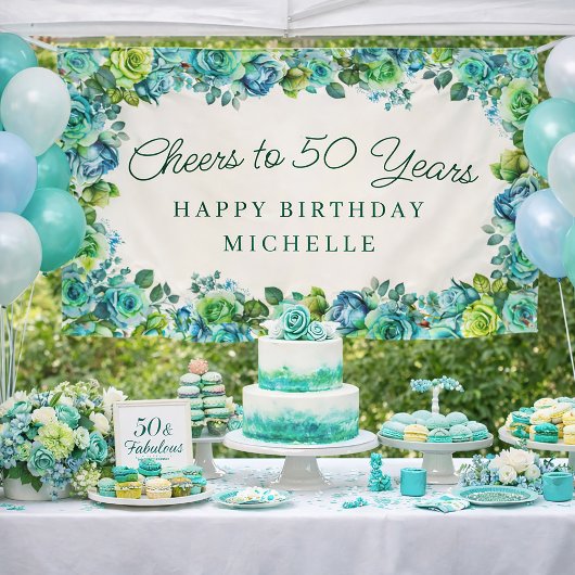 Elegant Teal Green Floral Cheers to 50 Birthday 横断幕